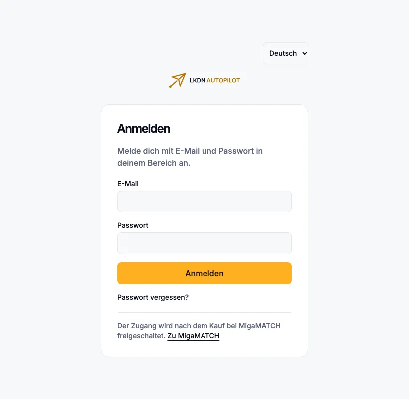 Die Anmeldeseite der App: E-Mail, Passwort und die Schaltfläche Anmelden.
