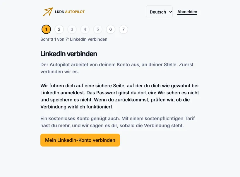 Schritt 1 der Einrichtung: Erklärung und die Schaltfläche Mein LinkedIn-Konto verbinden.