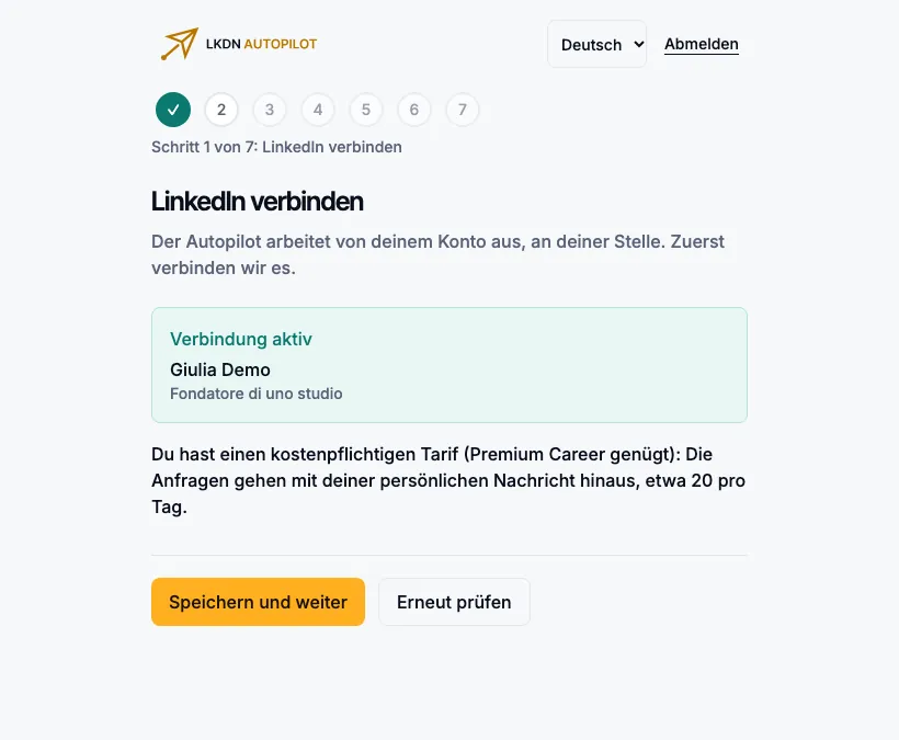 Die aktive Verbindung: grüne Karte mit Name und Titel des Profils und dem Satz zum erkannten Tarif.