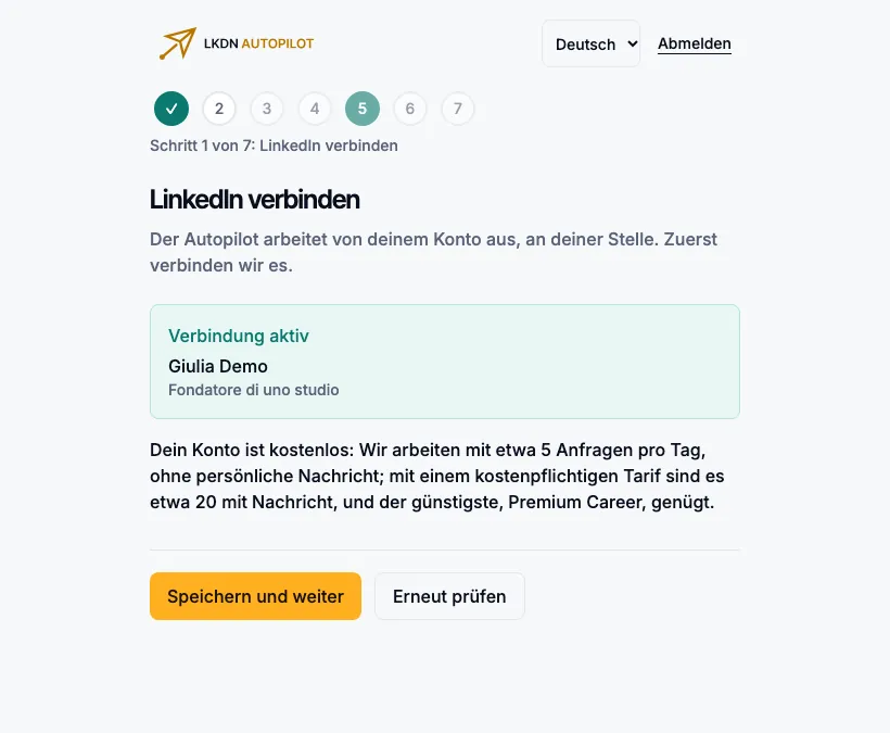 Schritt 1 mit einem kostenlosen Konto: etwa 5 Anfragen pro Tag, ohne persönliche Nachricht.
