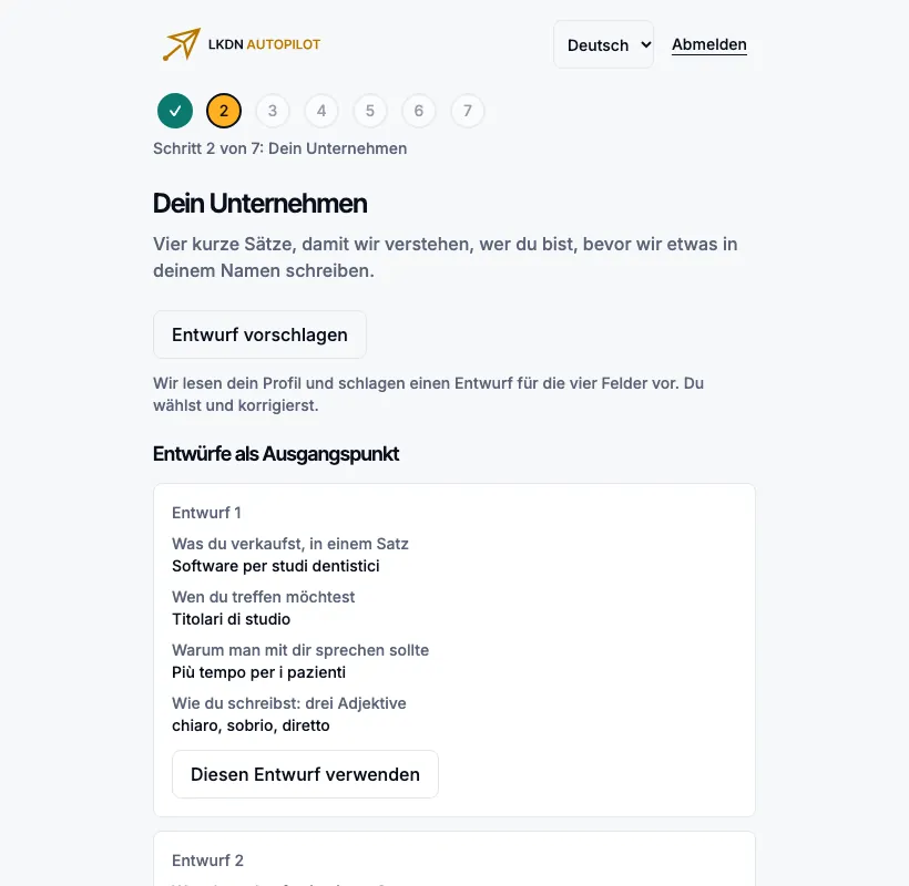 Schritt 2 mit zwei Entwürfen, die der Assistent auf Grundlage des Profils vorgeschlagen hat.