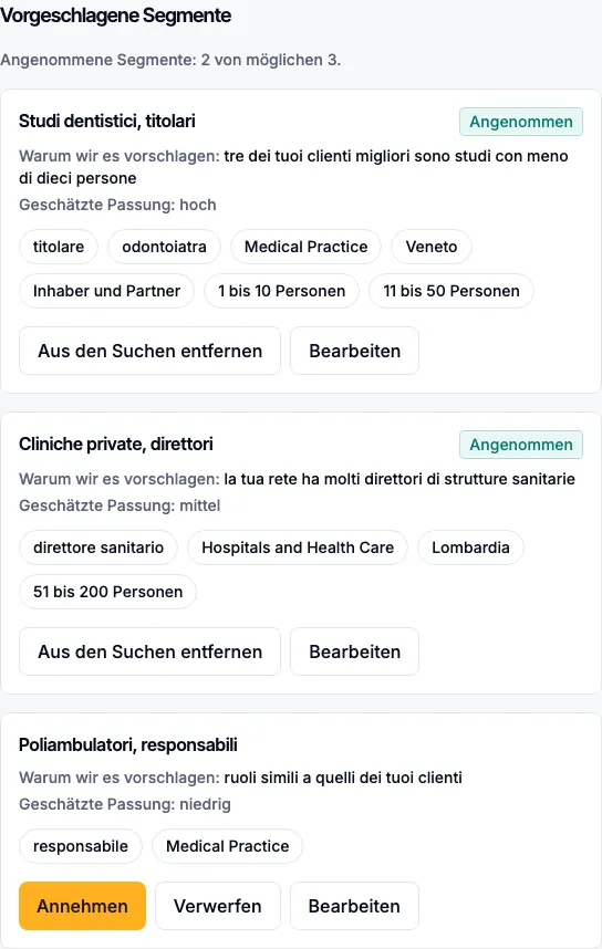 Drei vorgeschlagene Segmente, mit dem Grund, der geschätzten Passung und den Schaltflächen Annehmen, Verwerfen und Bearbeiten.