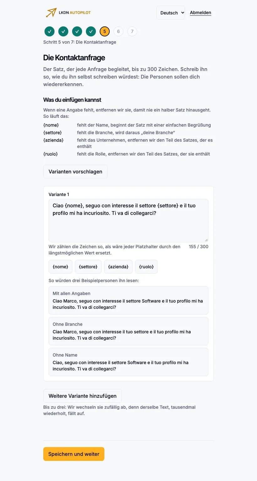 Schritt 5: die Nachricht der Anfrage, der Zeichenzähler, die Platzhalter und drei Vorschauen.