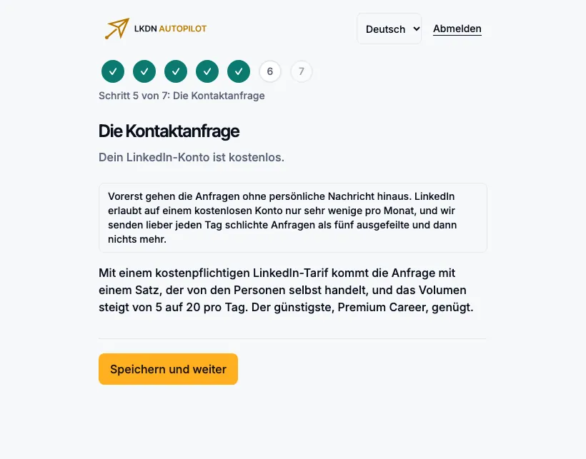 Schritt 5 mit einem kostenlosen Konto: Die Anfrage geht ohne persönliche Nachricht hinaus.