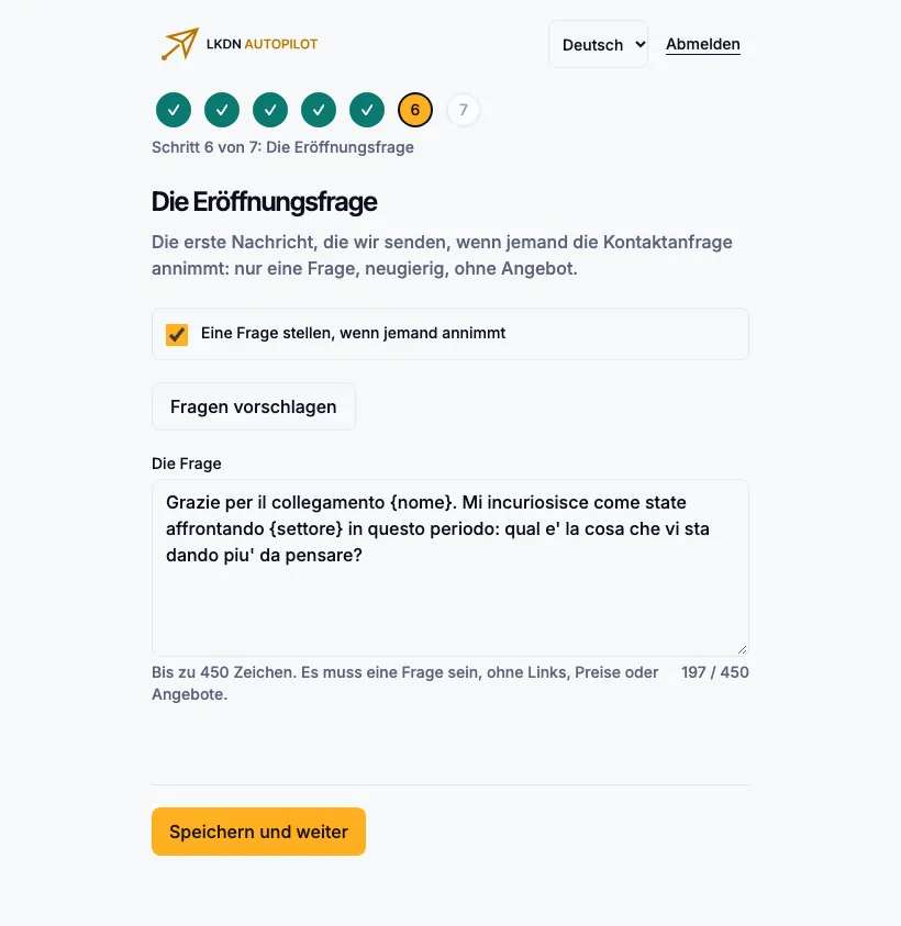 Schritt 6: die Eröffnungsfrage, mit dem Schalter zum Ausschalten und dem Zähler.