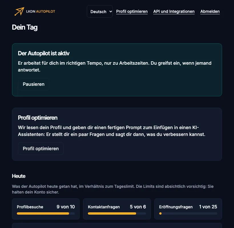 Das Dashboard: das grüne Feld „Der Autopilot ist aktiv“, die Schaltfläche Pausieren und der Anfang von Heute.