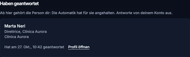 Das Feld Haben geantwortet: eine Person mit ihrem Titel und dem Link, um das Profil zu öffnen.