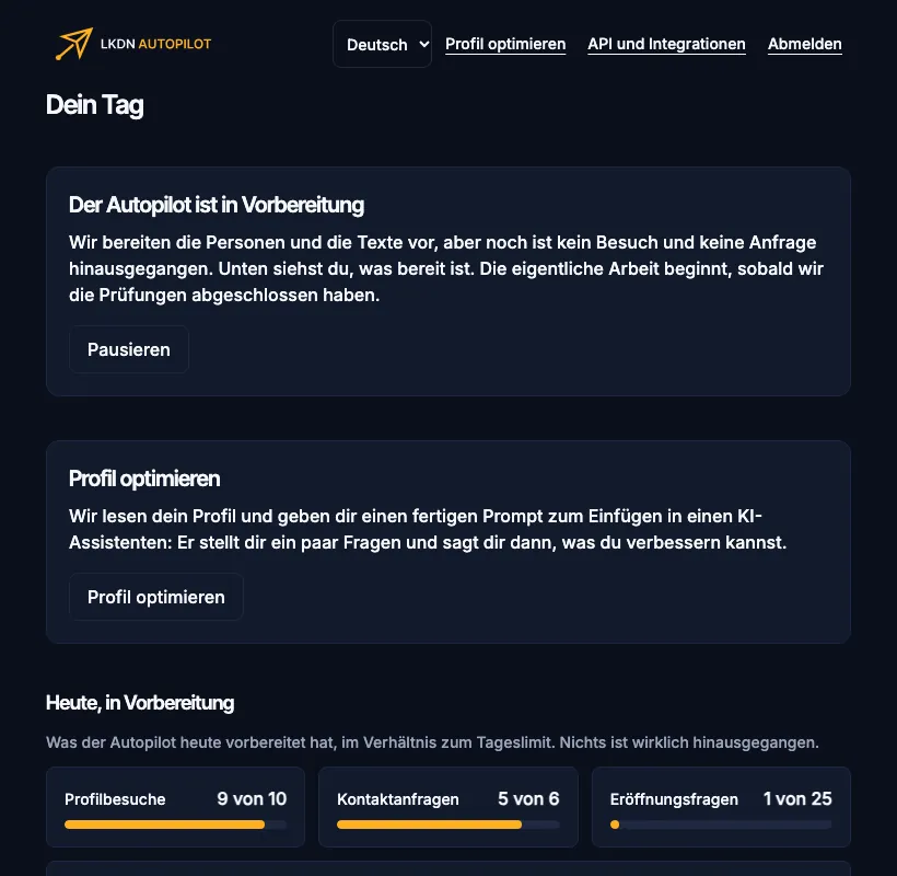 Das Dashboard mit dem Autopiloten in Vorbereitung: Die Zahlen sind vorbereitet, nicht gesendet.