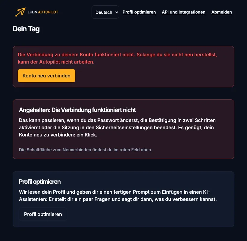 Das rote Feld „Die Verbindung zu deinem Konto funktioniert nicht“ mit der Schaltfläche, um LinkedIn neu zu verbinden.