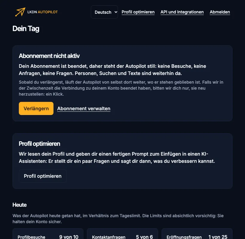 Abonnement nicht aktiv: Der Autopilot steht, mit den Schaltflächen Verlängern und Abonnement verwalten.