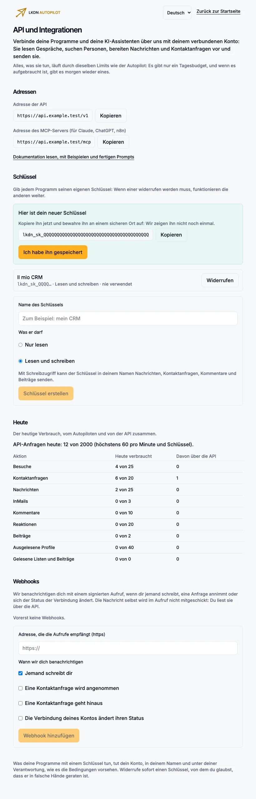 Die Seite API und Integrationen: die Adressen, der gerade erstellte Schlüssel, der Verbrauch von heute.