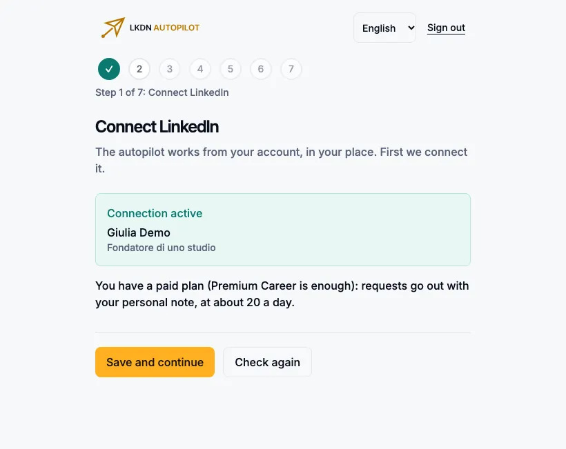 The active connection: green card with the profile name and headline and the sentence about the detected plan.