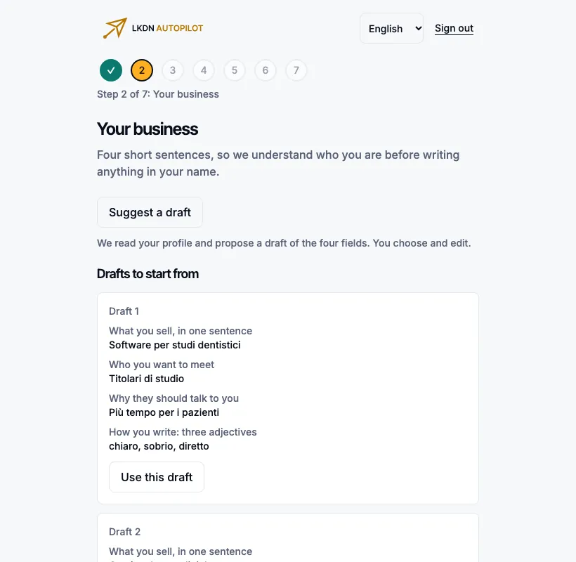 Step 2 with two drafts proposed by the assistant based on the profile.