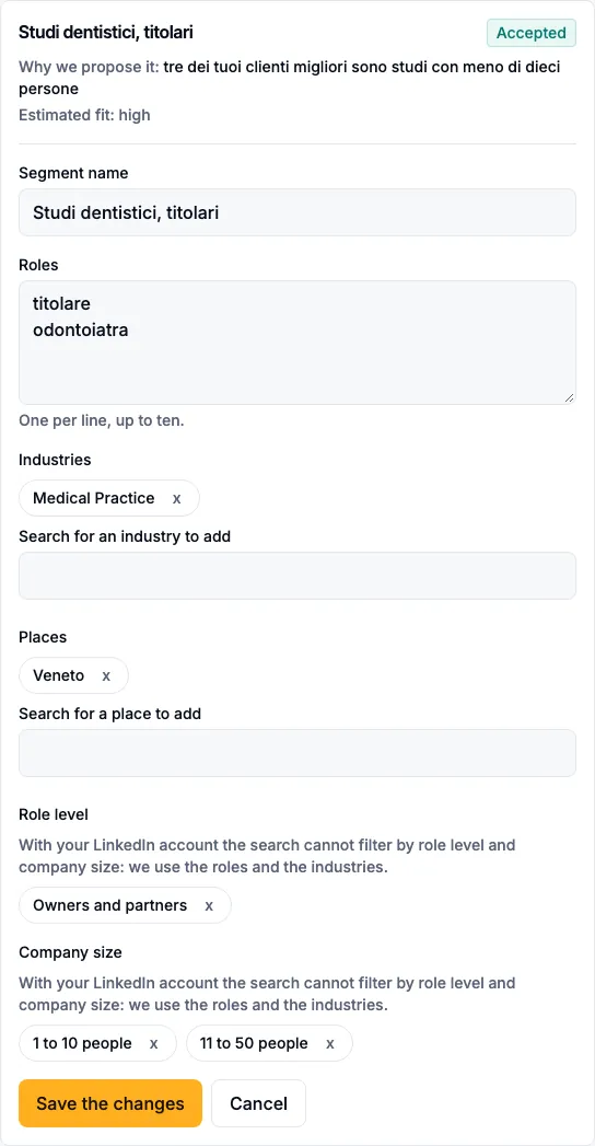 The form for editing a segment: name, roles, industries, areas, seniority and company size.