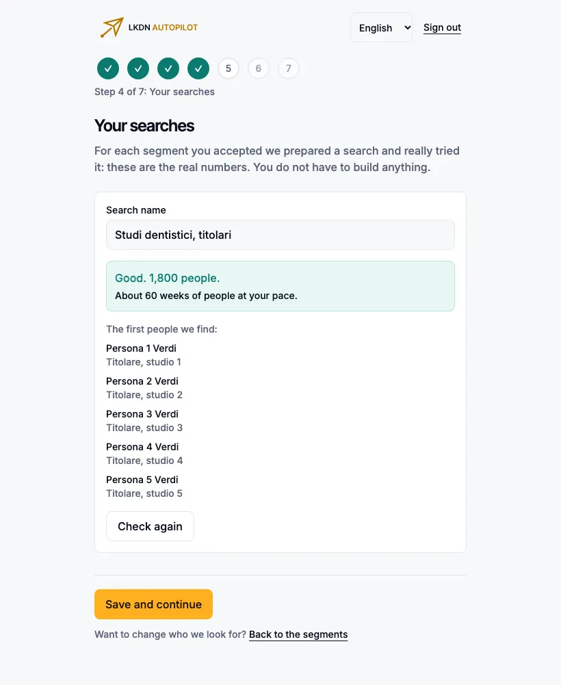 Step 4: a search with the number of people found, the weeks of work and the first five people.