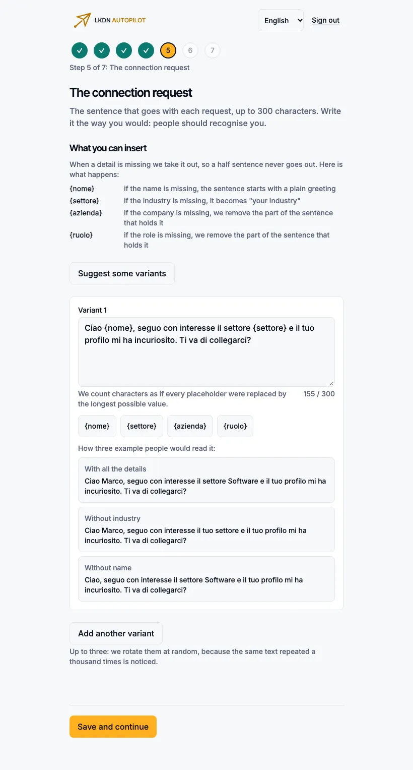 Step 5: the request note, the character counter, the placeholders and three previews.