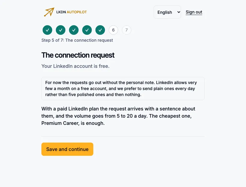 Step 5 with a free account: the request goes out without the personal note.