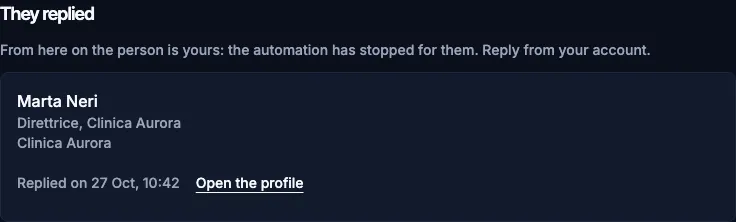 The They replied box: a person with their headline and the link to open the profile.