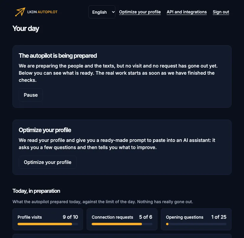 The dashboard with the autopilot being prepared: the numbers are prepared, not sent.