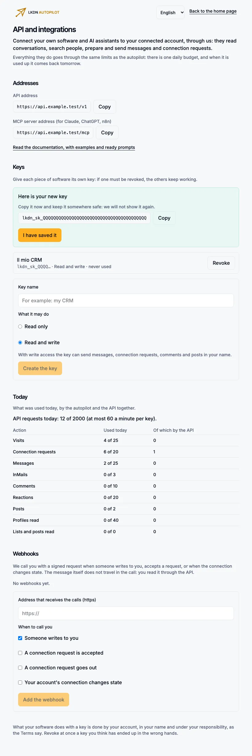 The API and integrations page: the addresses, the key just created, today’s usage.