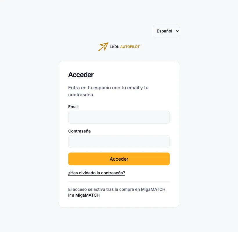 La página de acceso a la app: email, contraseña y el botón Acceder.