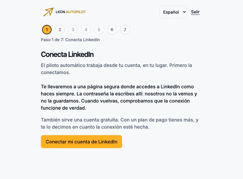 El paso 1 de la configuración: explicación y botón Conectar mi cuenta de LinkedIn.