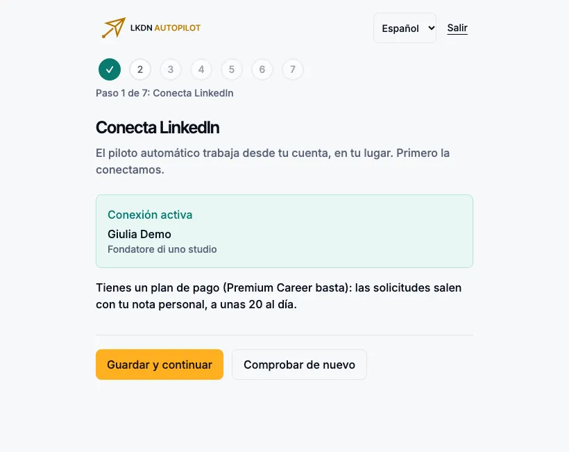 La conexión activa: ficha verde con el nombre y el titular del perfil y la frase sobre el plan detectado.