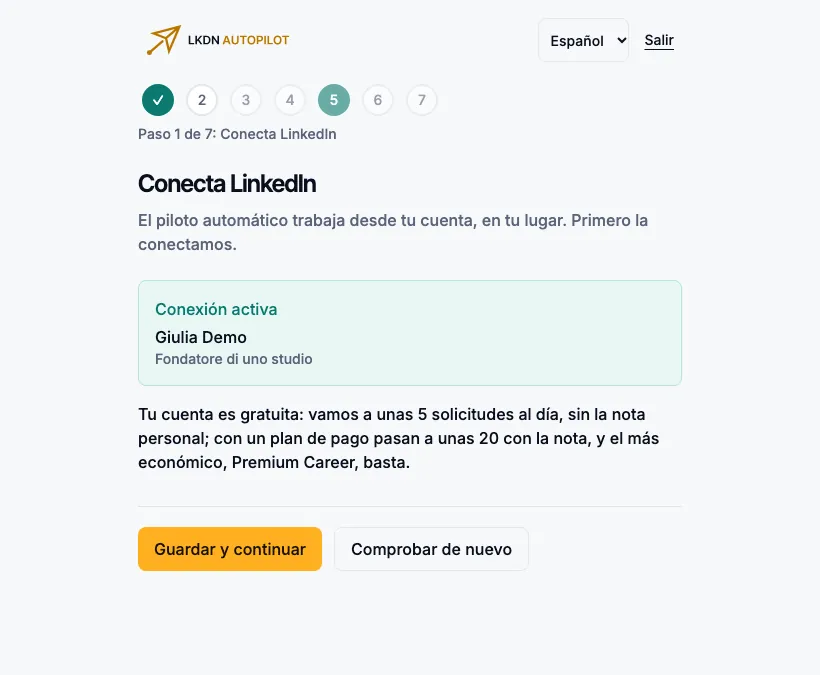 El paso 1 con una cuenta gratuita: unas 5 solicitudes al día, sin la nota personal.