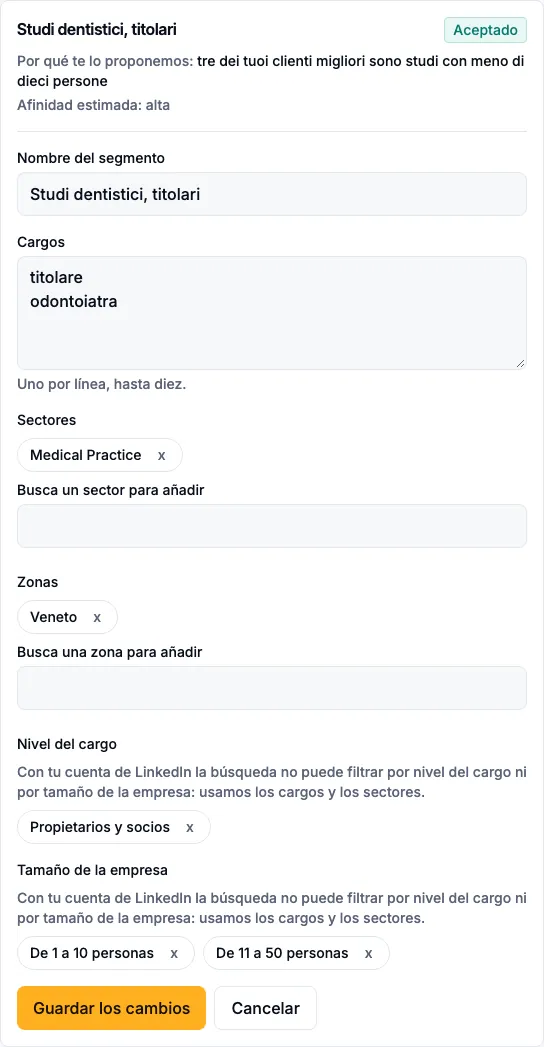 El formulario para modificar un segmento: nombre, cargos, sectores, zonas, nivel del cargo y tamaño de la empresa.