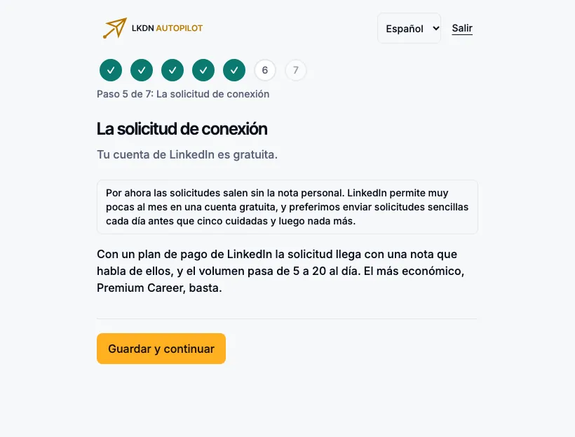 El paso 5 con una cuenta gratuita: la solicitud sale sin la nota personal.