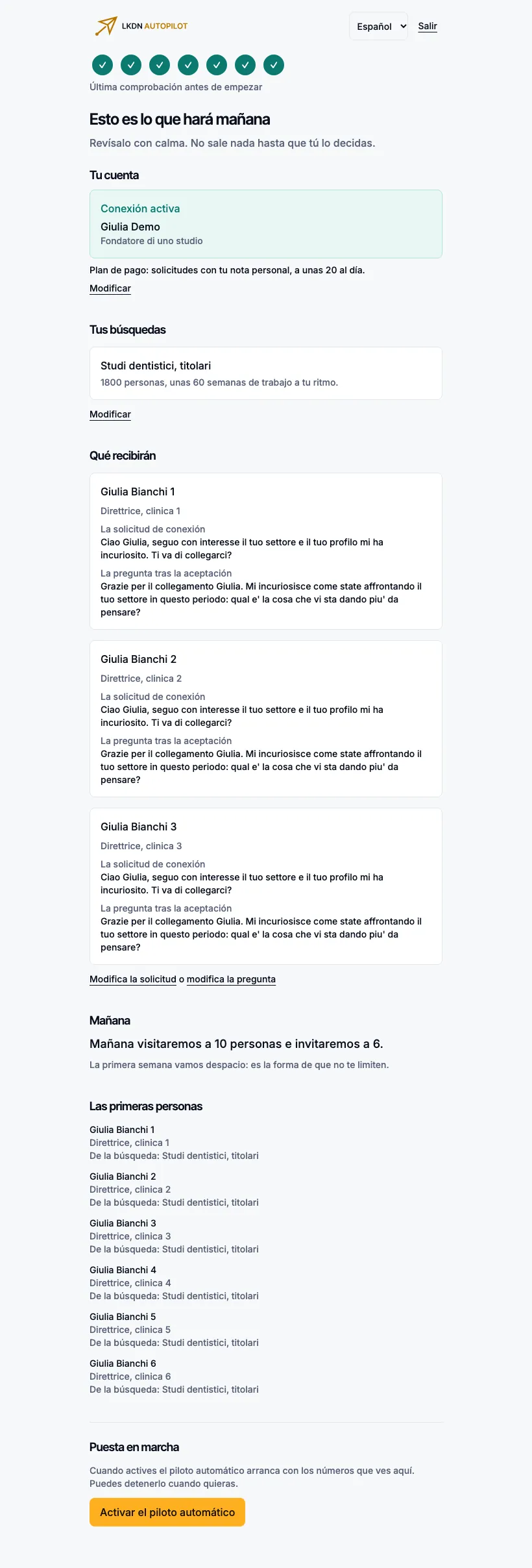 El resumen: cuenta, búsquedas, lo que recibirían tres personas, los números de mañana y el botón Activar.