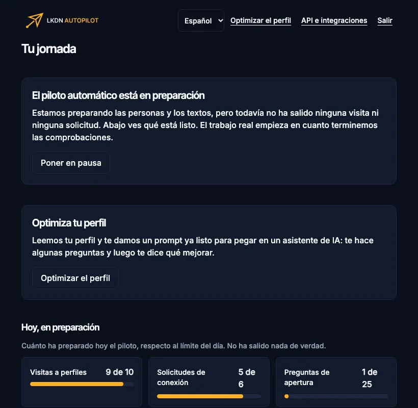El panel con el piloto en preparación: los números son de lo preparado, no de lo enviado.
