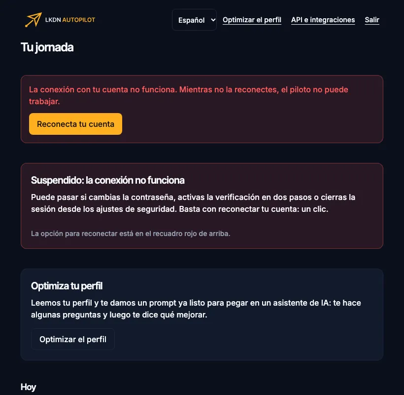 El recuadro rojo «La conexión con tu cuenta no funciona» con el botón para volver a conectar LinkedIn.