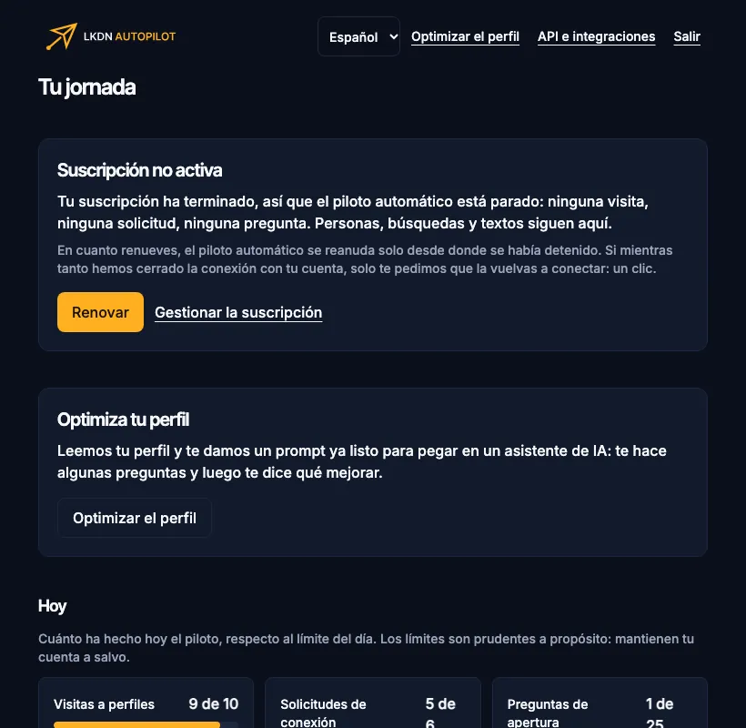 Suscripción no activa: el piloto está parado y los botones Renovar y Gestionar la suscripción.