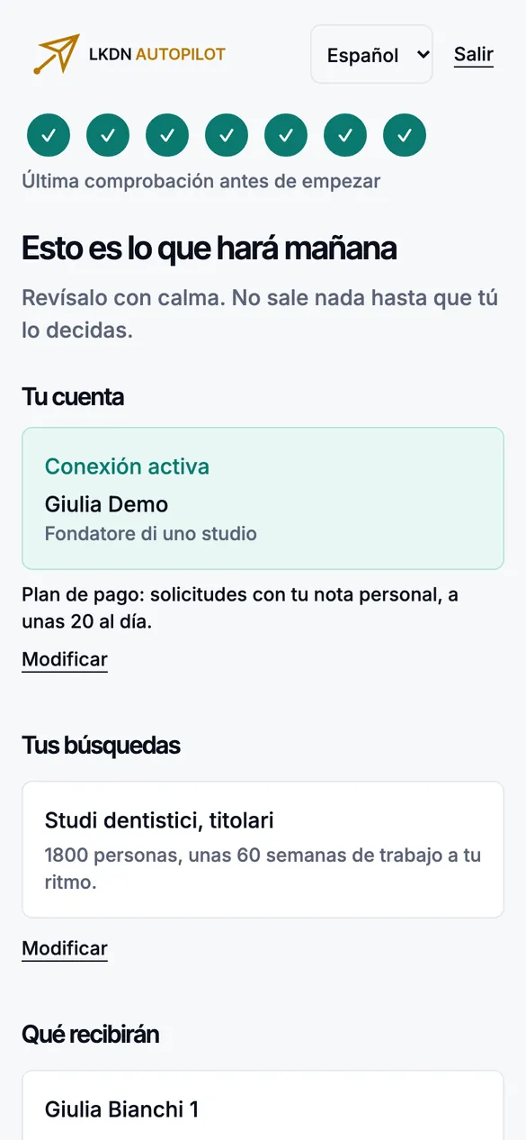 El resumen antes de empezar en el teléfono.