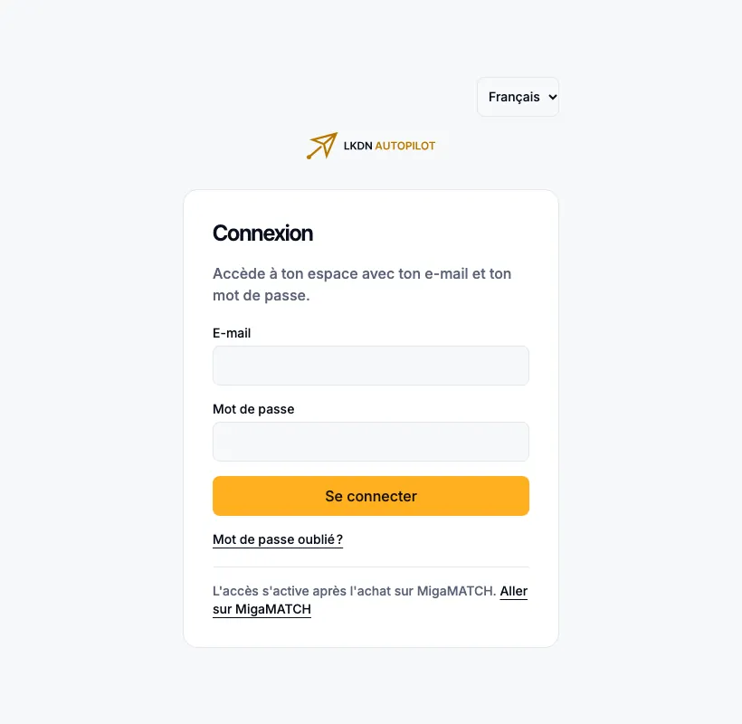 La page de connexion à l’app : e-mail, mot de passe et le bouton Se connecter.