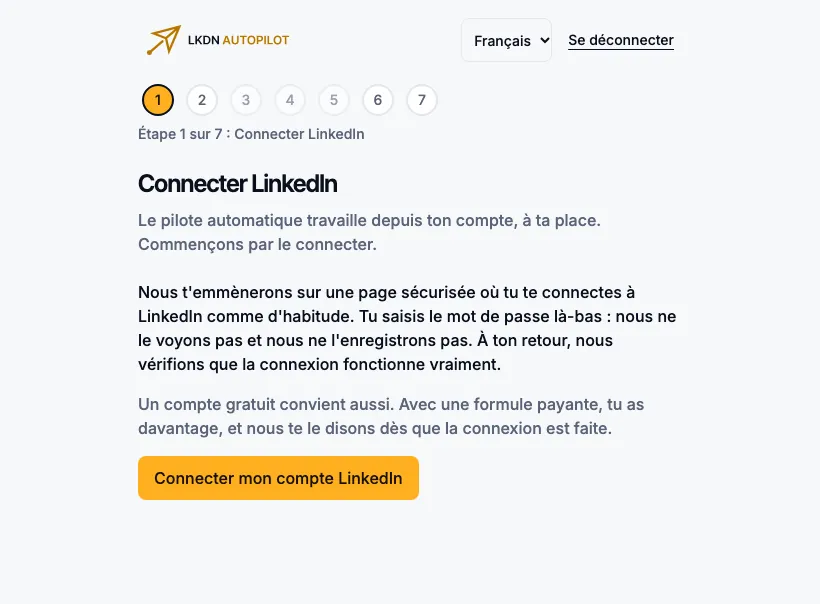 L’étape 1 de la configuration : explication et bouton Connecter mon compte LinkedIn.