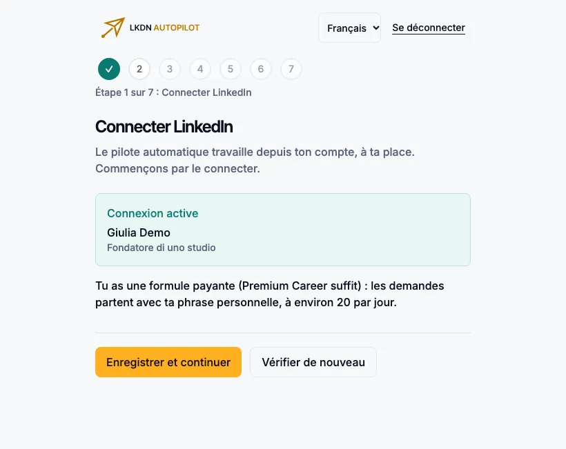 La connexion active : carte verte avec le nom et le titre du profil et la phrase sur la formule détectée.