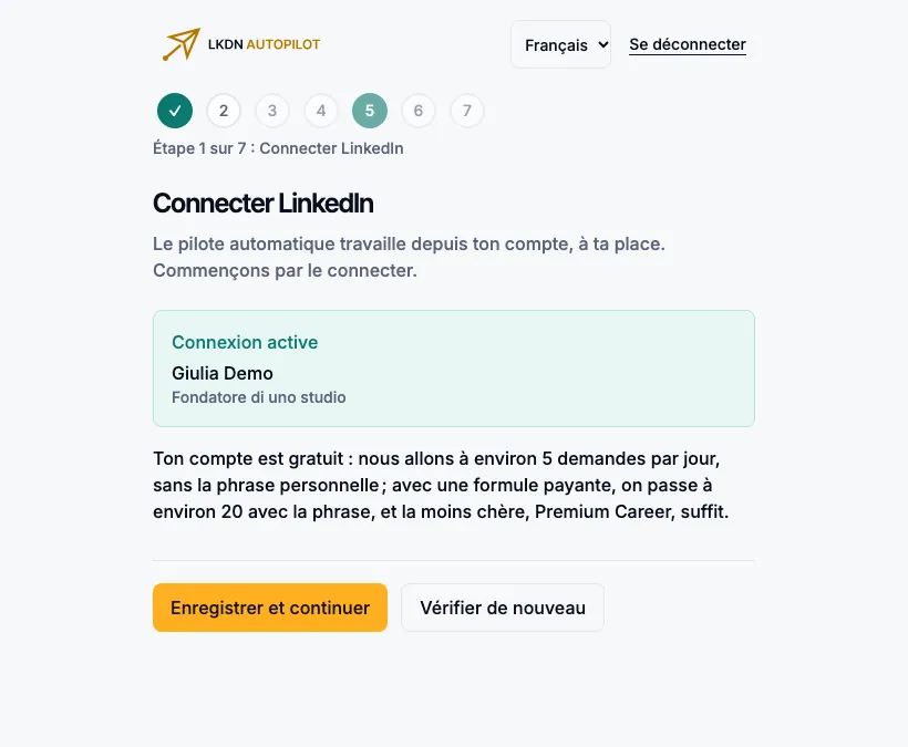 L’étape 1 avec un compte gratuit : environ 5 demandes par jour, sans la phrase personnelle.