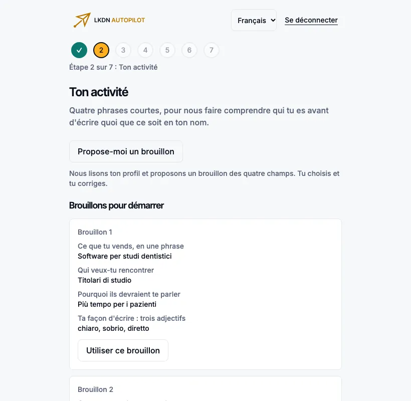 L’étape 2 avec deux brouillons proposés par l’assistant à partir du profil.