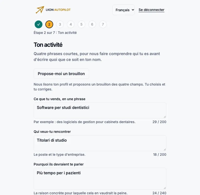 L’étape 2 remplie avec le brouillon choisi.