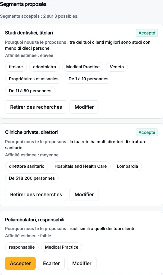 Trois segments proposés, avec la raison, l’affinité estimée et les boutons Accepter, Écarter et Modifier.