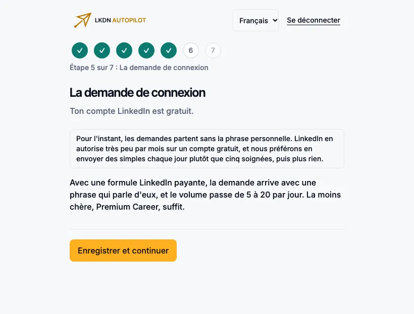 L’étape 5 avec un compte gratuit : la demande part sans la phrase personnelle.