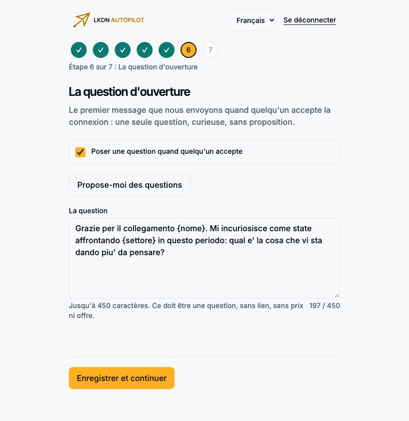 L’étape 6 : la question d’ouverture, avec l’interrupteur pour la désactiver et le compteur.