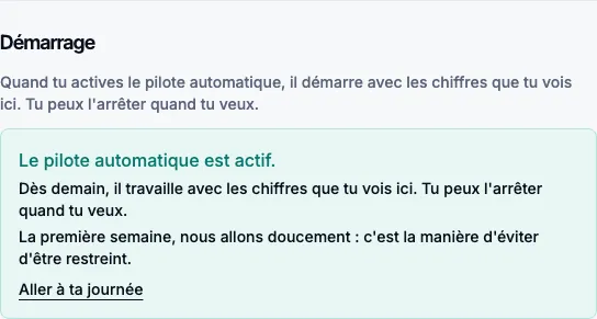 Le cadre vert après l’activation : le pilote automatique est actif, à partir de demain il travaille avec les chiffres du récapitulatif.