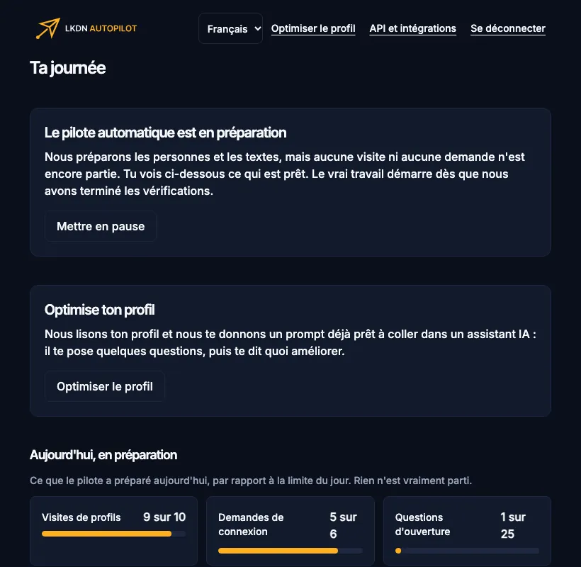 Le tableau de bord avec le pilote en préparation : les chiffres sont préparés, pas envoyés.