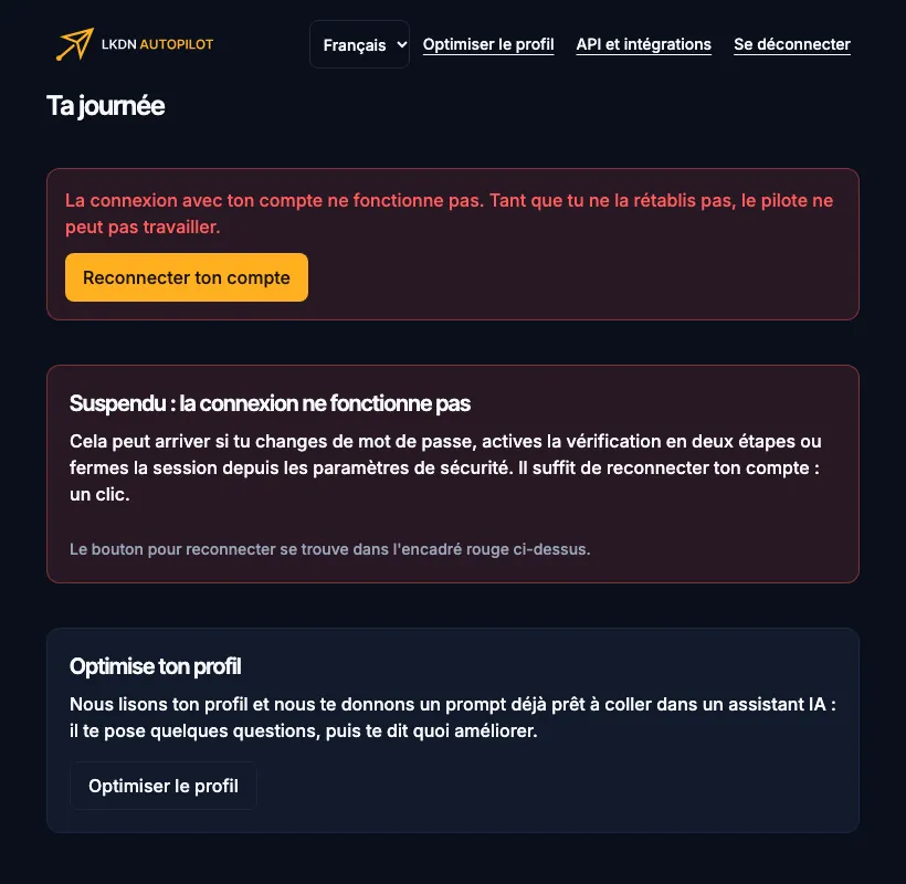 Le cadre rouge « La connexion avec ton compte ne fonctionne pas » avec le bouton pour reconnecter LinkedIn.