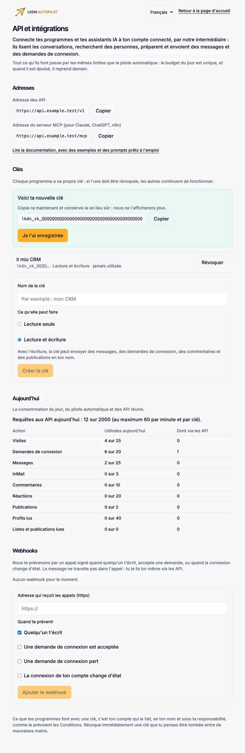 La page API et intégrations : les adresses, la clé tout juste créée, la consommation du jour.