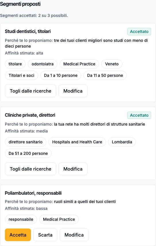 Tre segmenti proposti, con il motivo, l’affinità stimata e i pulsanti Accetta, Scarta e Modifica.