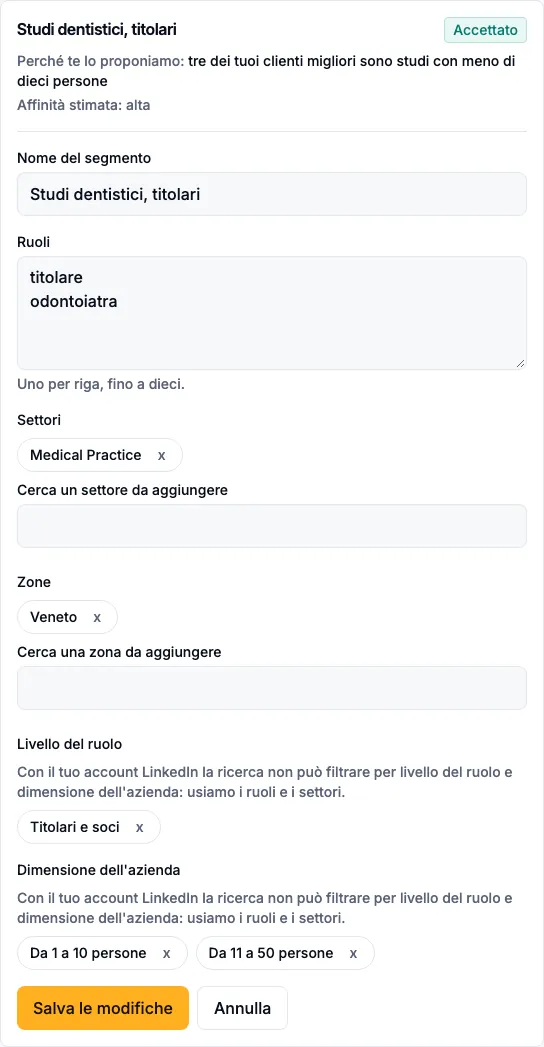 Il modulo di modifica di un segmento: nome, ruoli, settori, zone, livello del ruolo e dimensione dell’azienda.